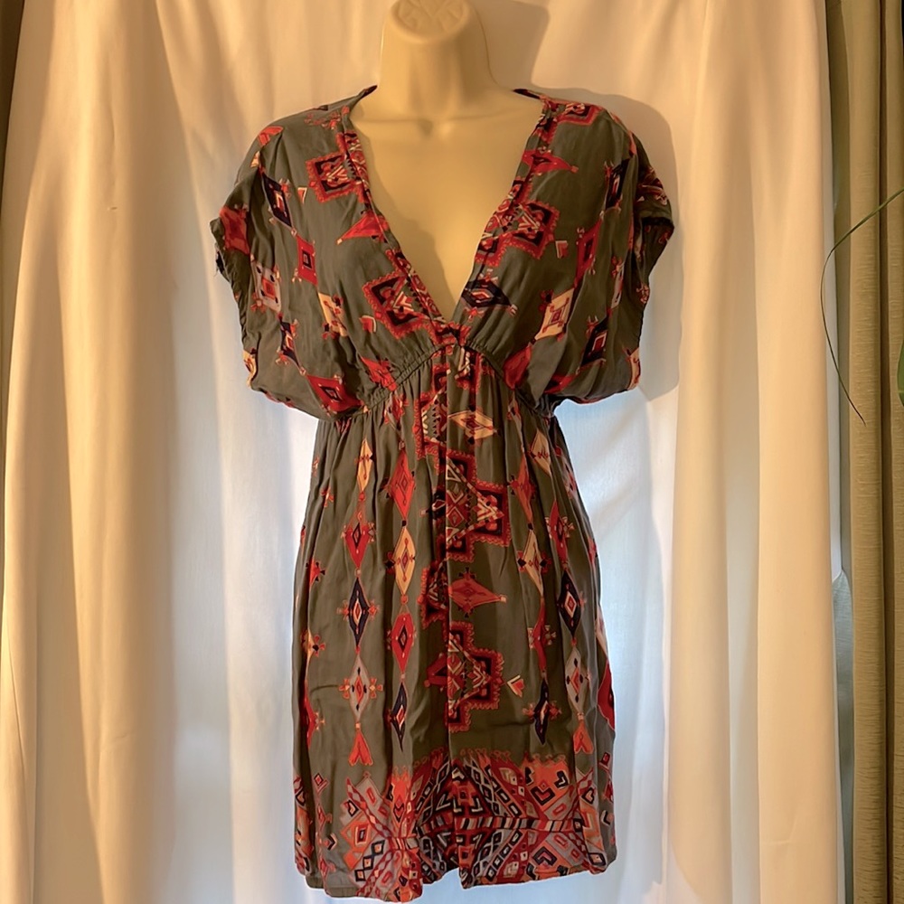 Lightweight Mini Dress, Grey with Oranges, Navy + Taupe, Size Medium